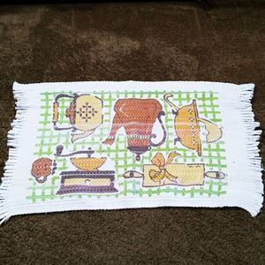 Vtg Kitchen Rug 70s Coffee Tea Pot Grinder Rolling Pin (lb)